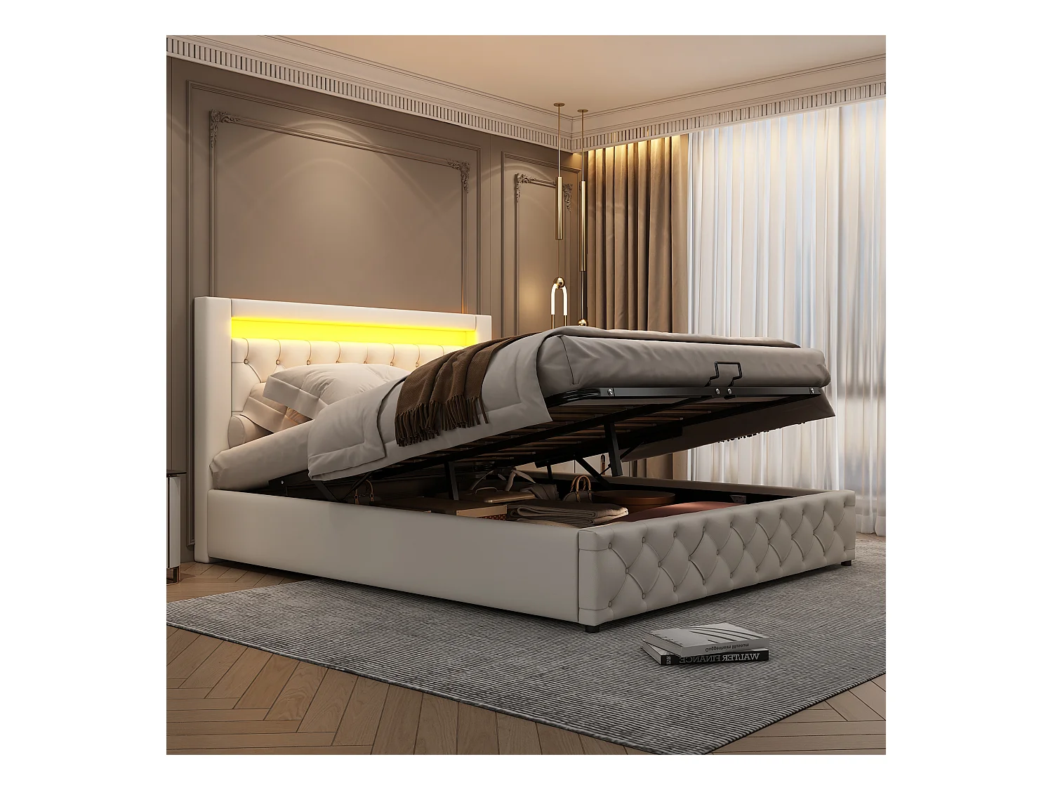 Lit rembourré blanc 160x200 cm avec sommier à lattes, rangement et éclairage LED intégré, confort optimal