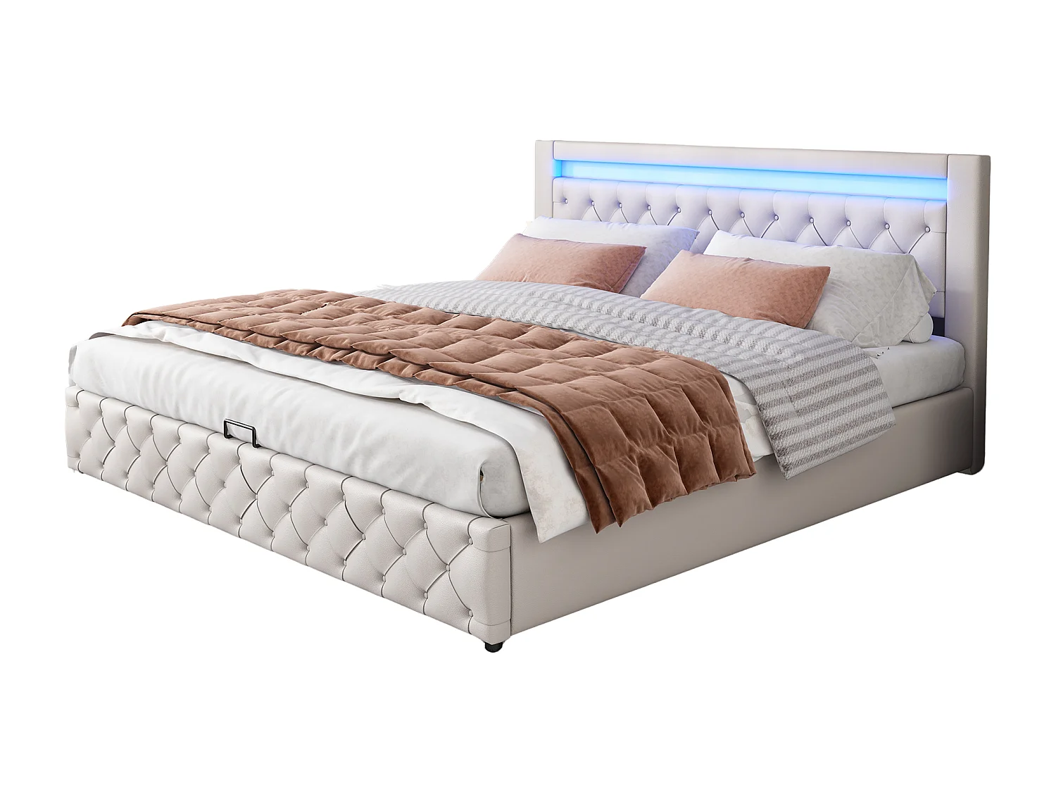 Gestoffeerd bed 160 x 200 cm, functional bed with slatted base and storage, with LED lighting, white – stevig frame –eleg