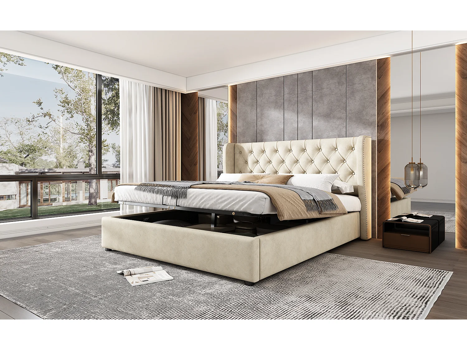 Lit rembourré Chesterfield beige 160x200 cm avec tête de lit haute et rangement hydraulique, élégant et pratique