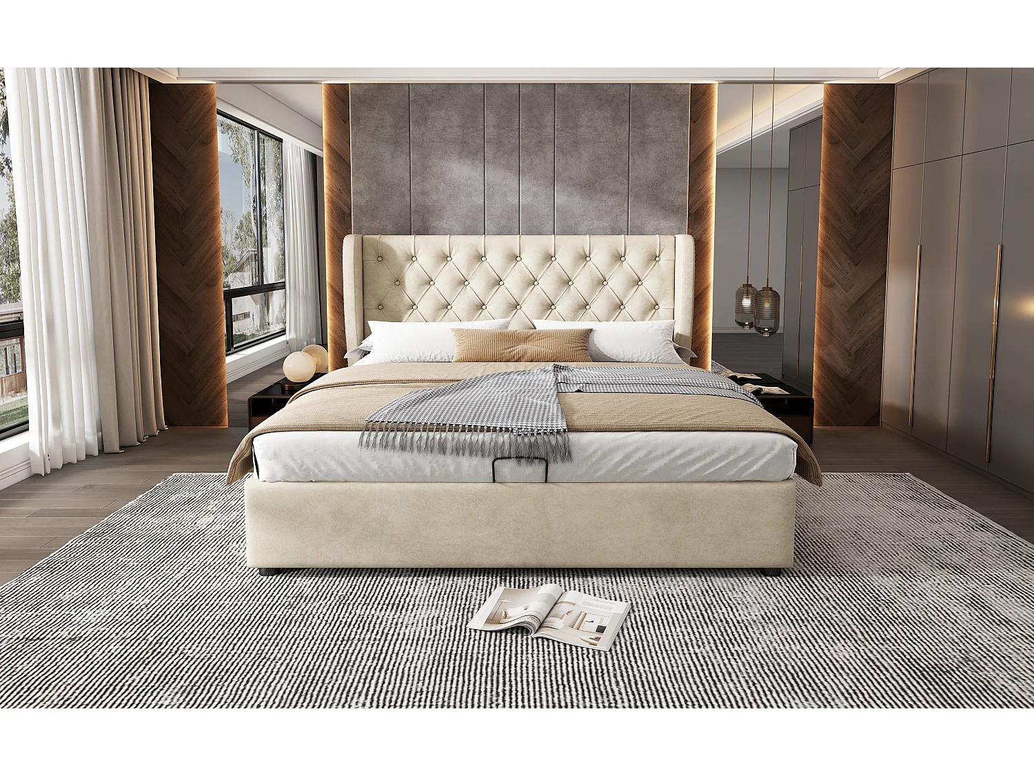 Lit rembourré Chesterfield beige 160x200 cm avec tête de lit haute et rangement hydraulique, élégant et pratique