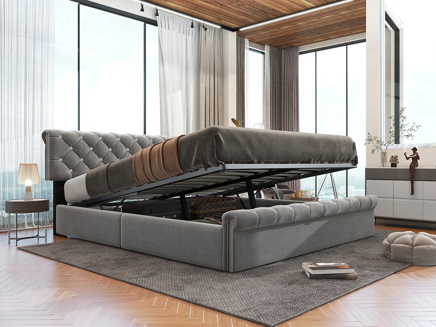 Lit rembourré gris 180x200 cm avec sommier à lattes et tête de lit réglable, style contemporain et pratique