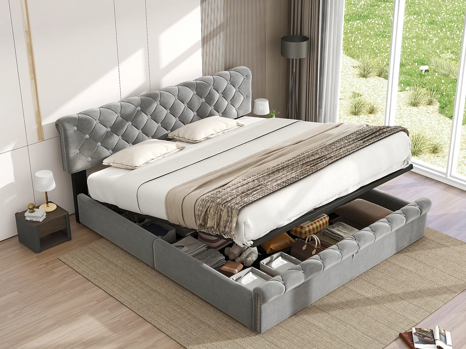 Lit rembourré gris 180x200 cm avec sommier à lattes et tête de lit réglable, style contemporain et pratique