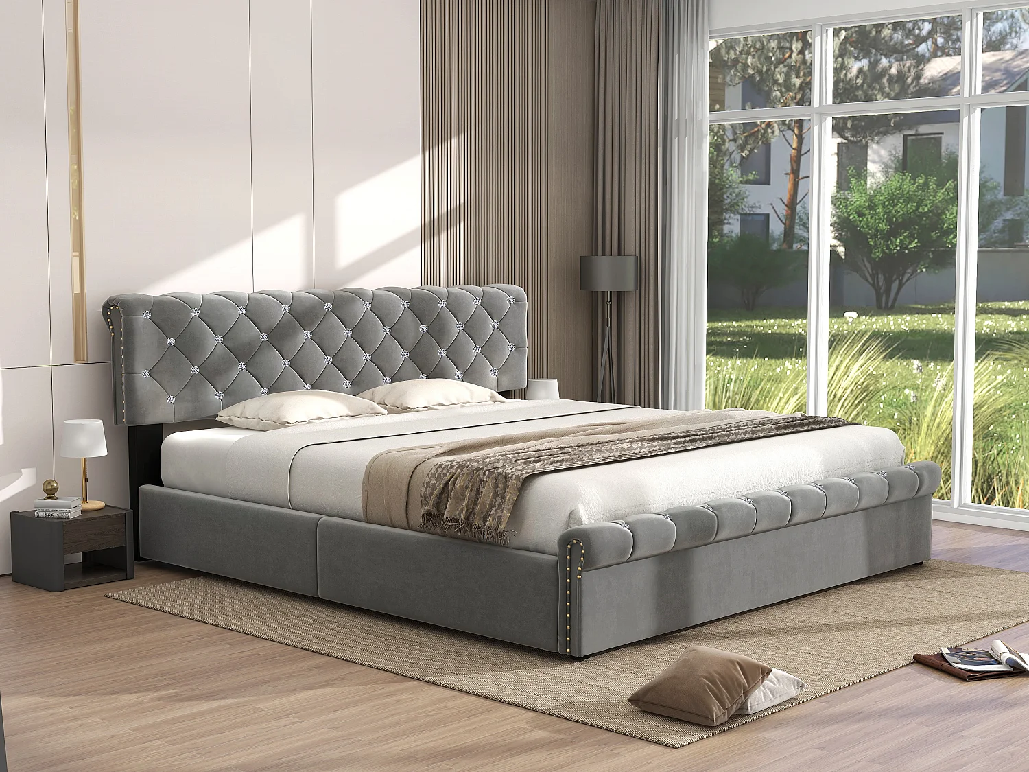 Lit rembourré gris 180x200 cm avec sommier à lattes et tête de lit réglable, style contemporain et pratique