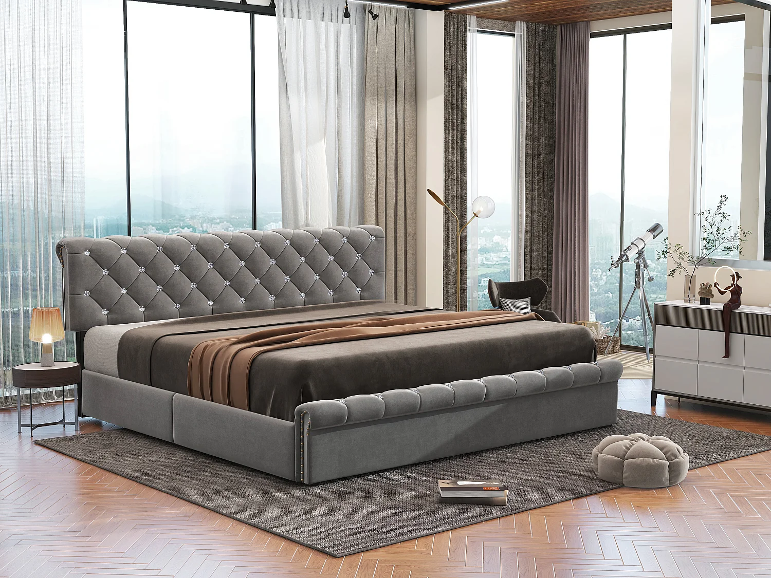 Lit rembourré gris 180x200 cm avec sommier à lattes et tête de lit réglable, style contemporain et pratique