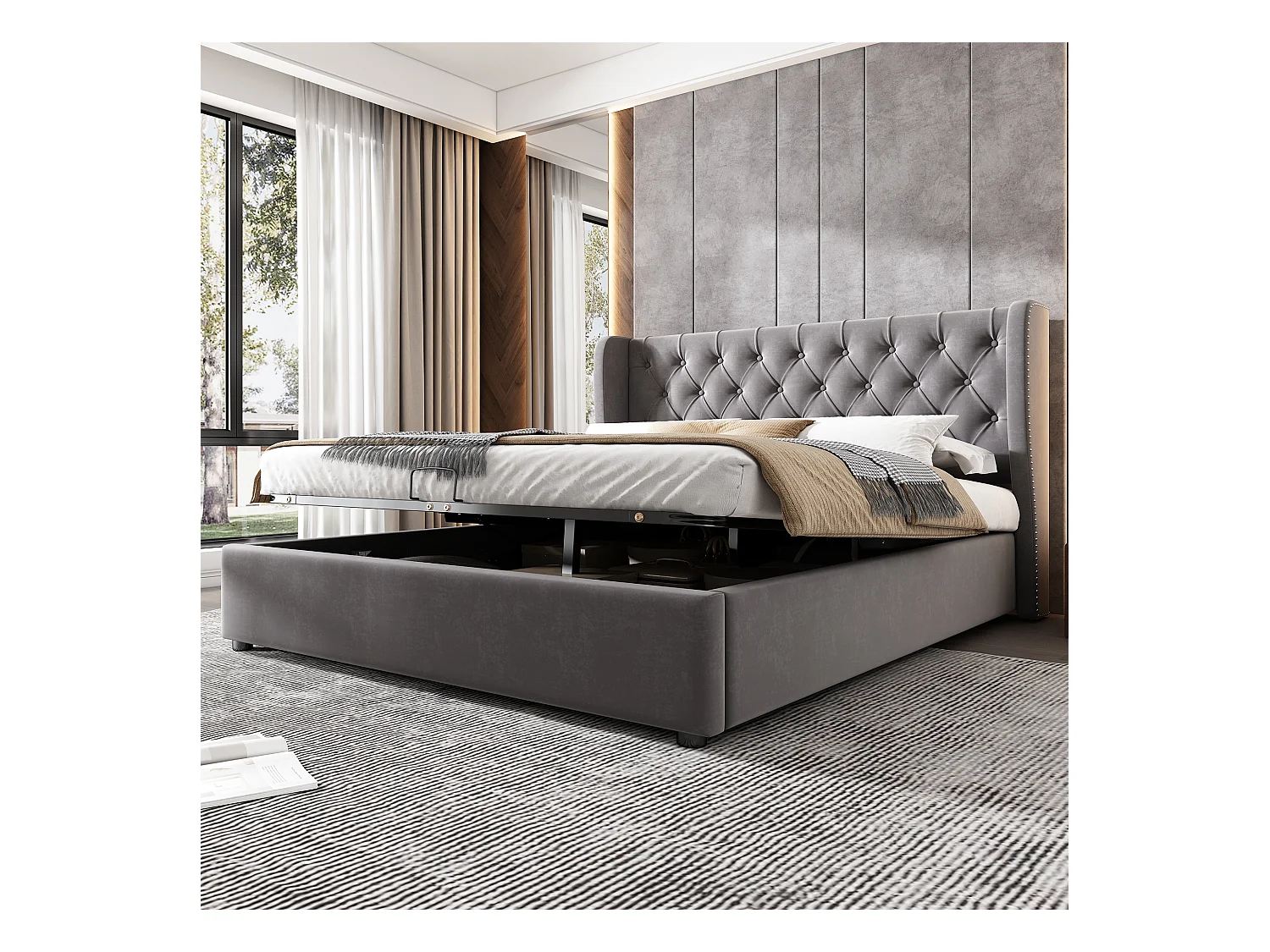 Lit rembourré gris 140x190 cm avec échelle, barrières de sécurité et rangement intégré, style pratique et moderne