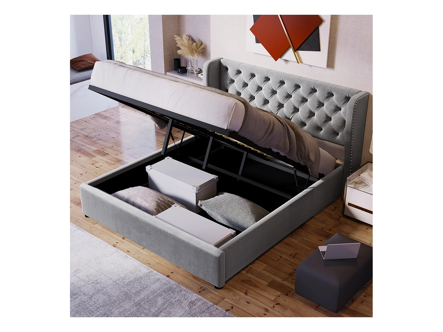 Lit rembourré gris 140x190 cm avec échelle, barrières de sécurité et rangement intégré, style pratique et moderne
