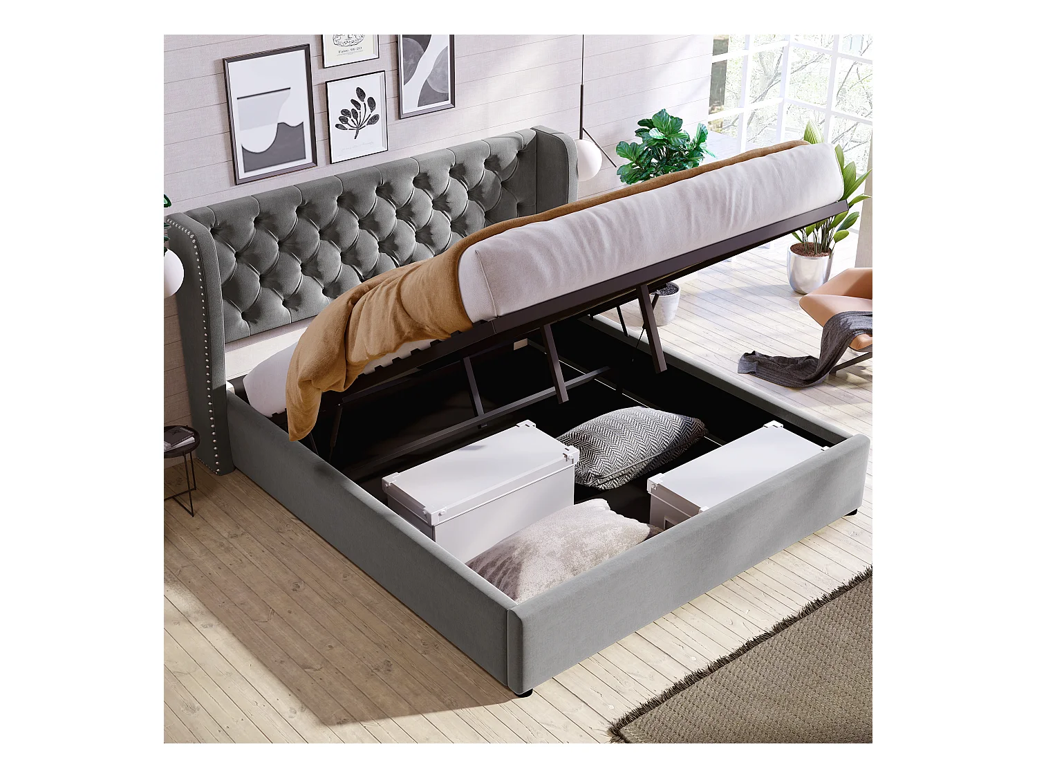 Lit rembourré gris 140x190 cm avec échelle, barrières de sécurité et rangement intégré, style pratique et moderne