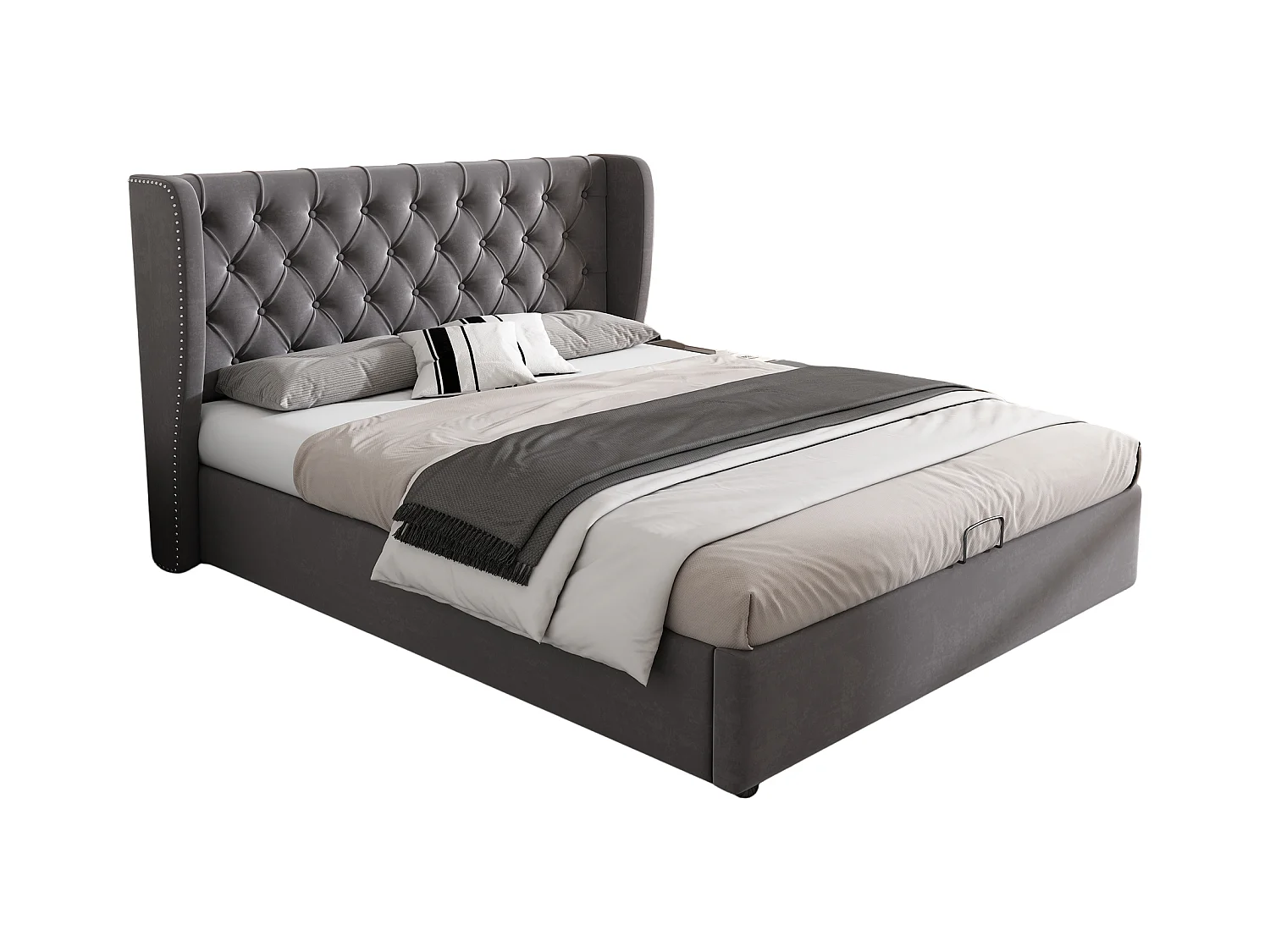 Lit rembourré gris 140x190 cm avec échelle, barrières de sécurité et rangement intégré, style pratique et moderne