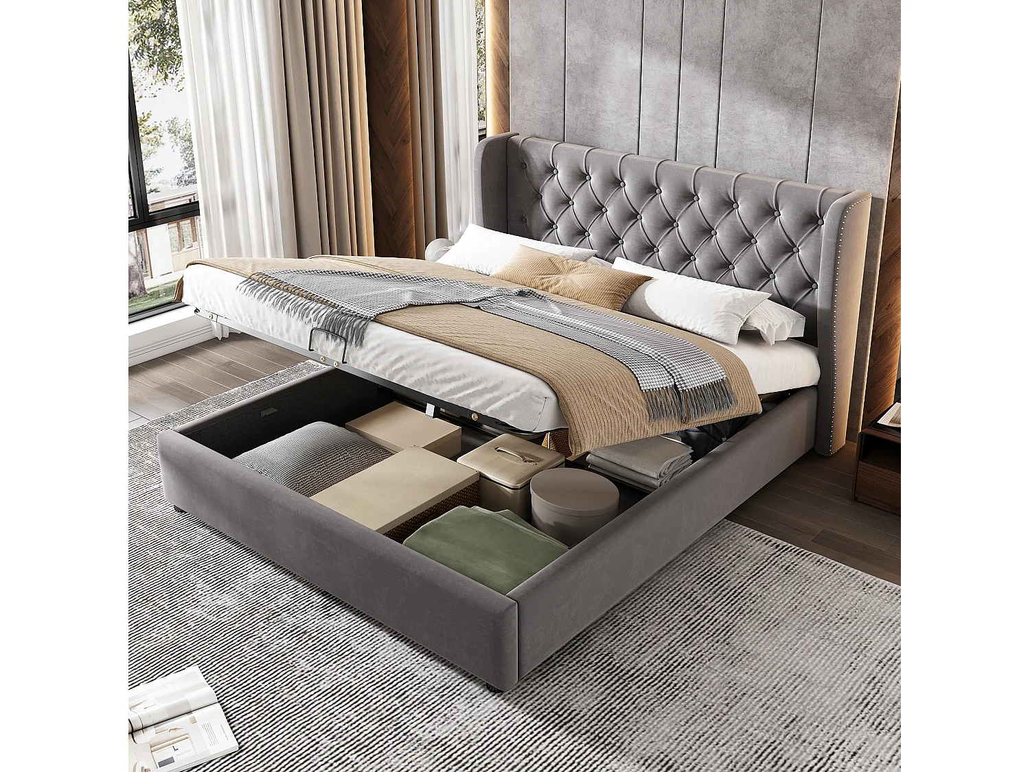 Lit rembourré gris 140x190 cm avec échelle, barrières de sécurité et rangement intégré, style pratique et moderne