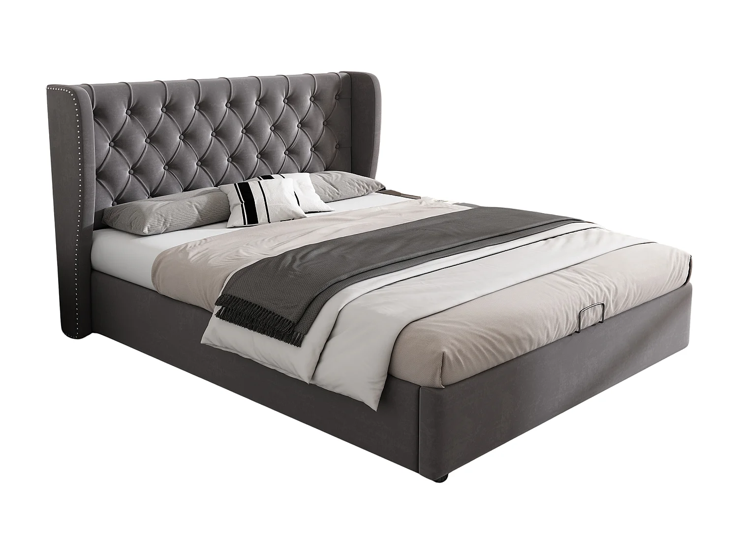 Lit rembourré gris 140x190 cm avec échelle, barrières de sécurité et rangement intégré, style pratique et moderne