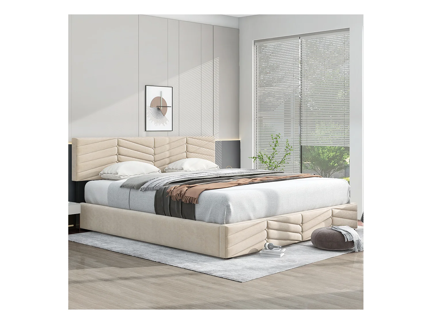 Lit rembourré beige 160x200 cm avec tête de lit réglable et rangement hydraulique, confortable et pratique