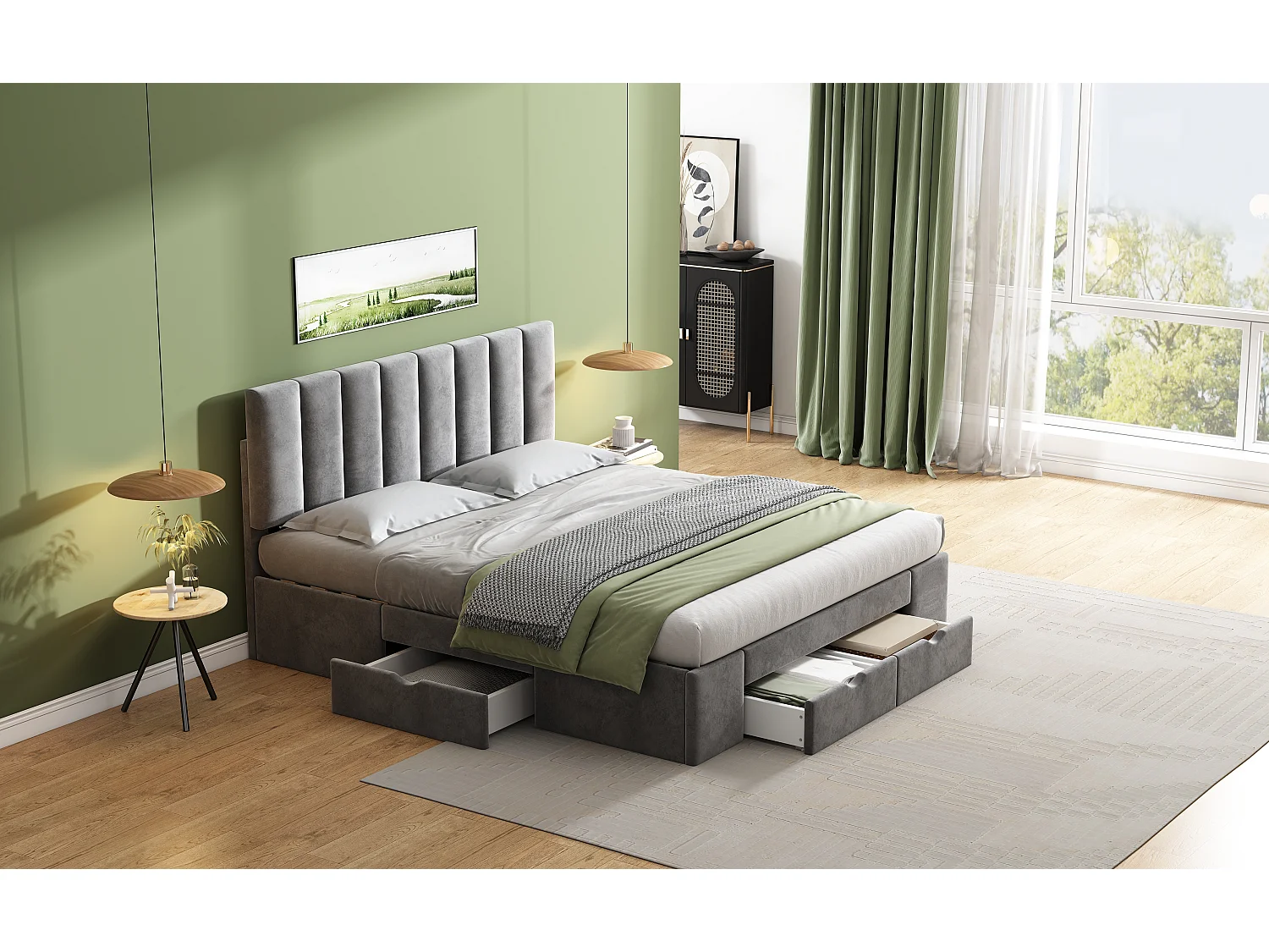 Lit rembourré gris 160x200 cm avec sommier à lattes et 4 tiroirs, design élégant et confort optimal