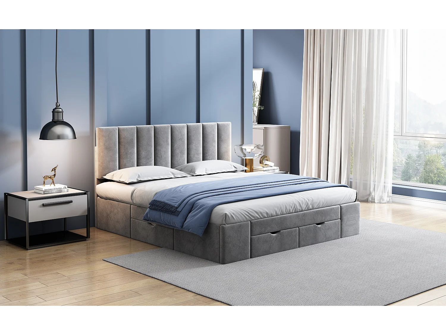 Lit rembourré gris 160x200 cm avec sommier à lattes et 4 tiroirs, design élégant et confort optimal