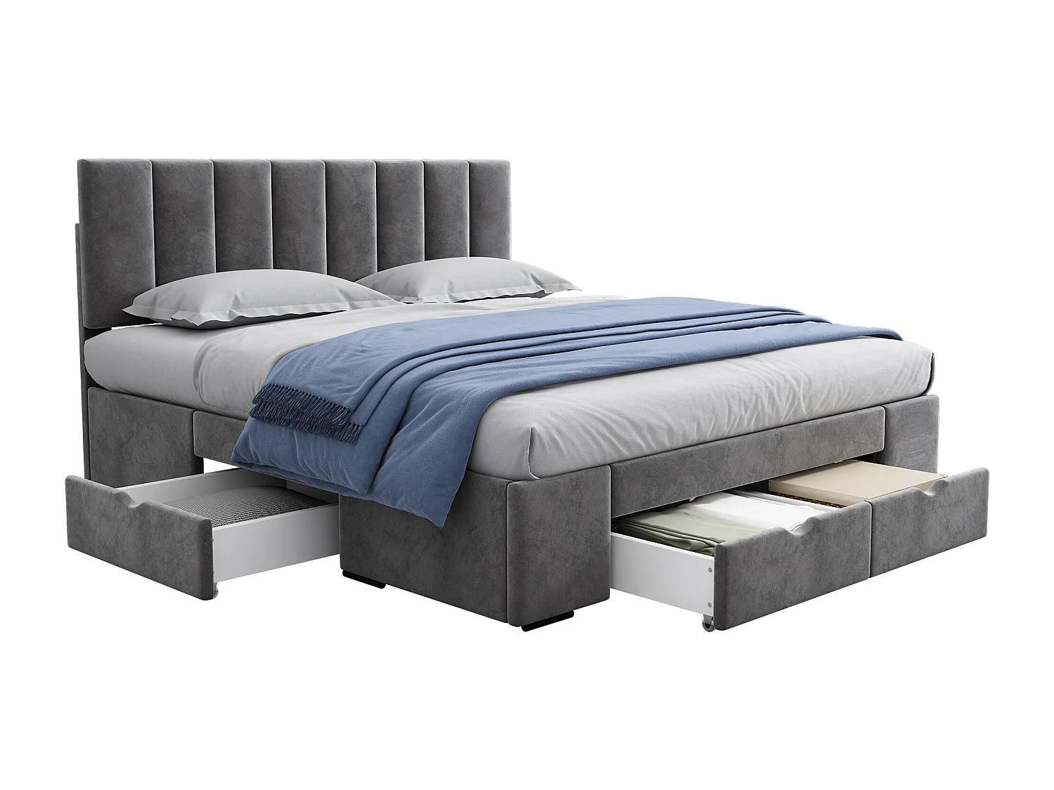 Lit rembourré gris 160x200 cm avec sommier à lattes et 4 tiroirs, design élégant et confort optimal