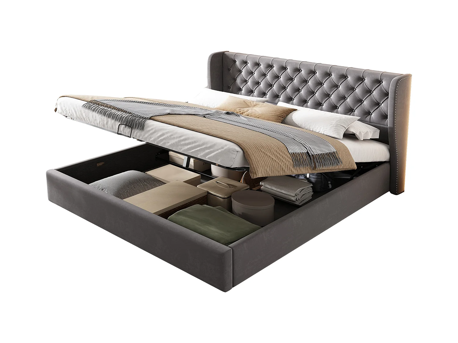 Lit rembourré Chesterfield gris 160x200 cm avec tête de lit haute et rangement hydraulique, design raffiné