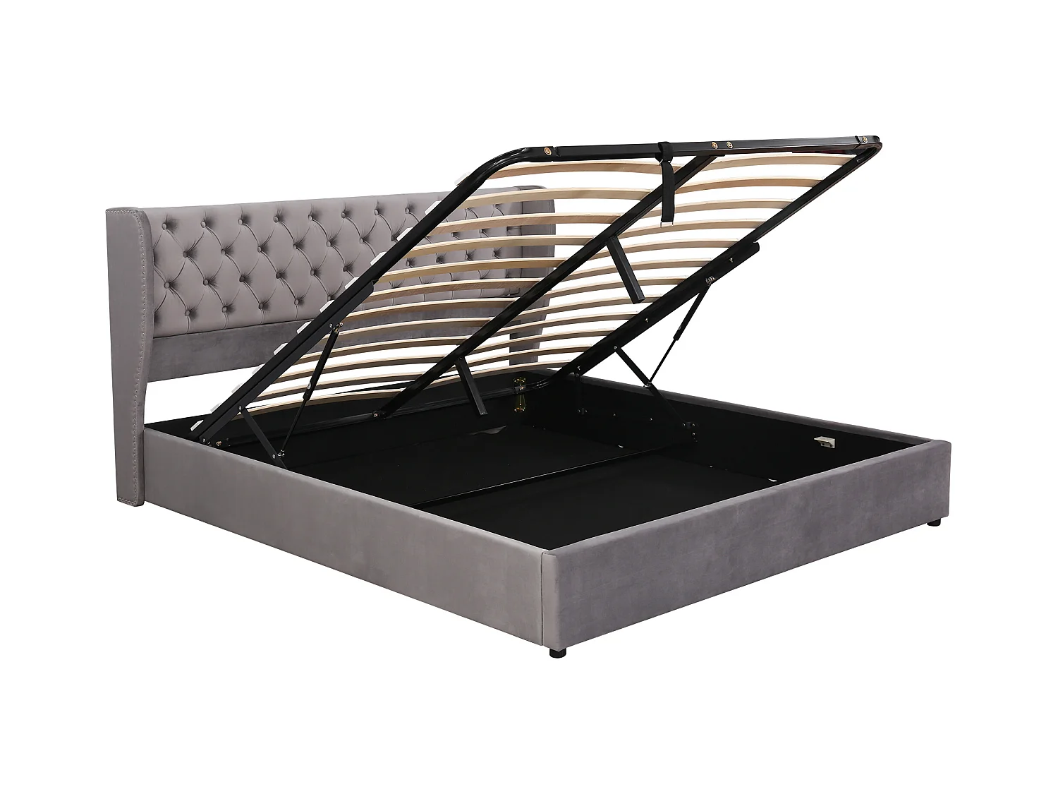 Lit rembourré Chesterfield gris 160x200 cm avec tête de lit haute et rangement hydraulique, design raffiné