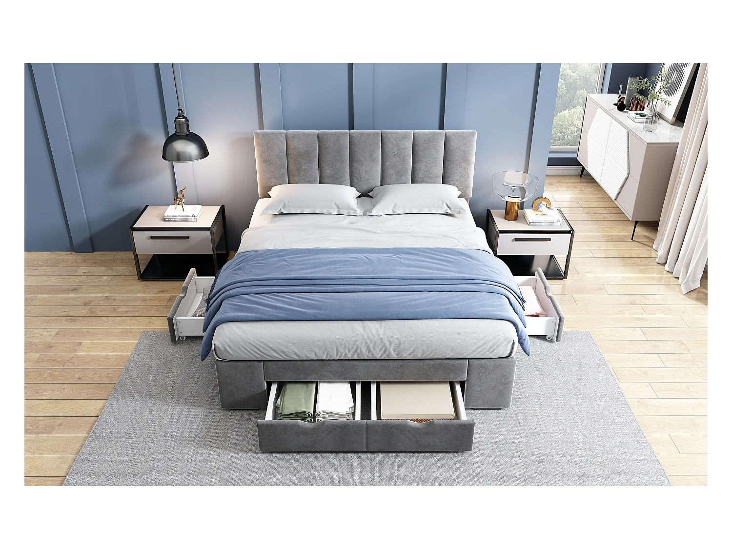 Lit rembourré gris 140x200 cm avec sommier à lattes, tête de lit réglable et 4 tiroirs pour rangement pratique