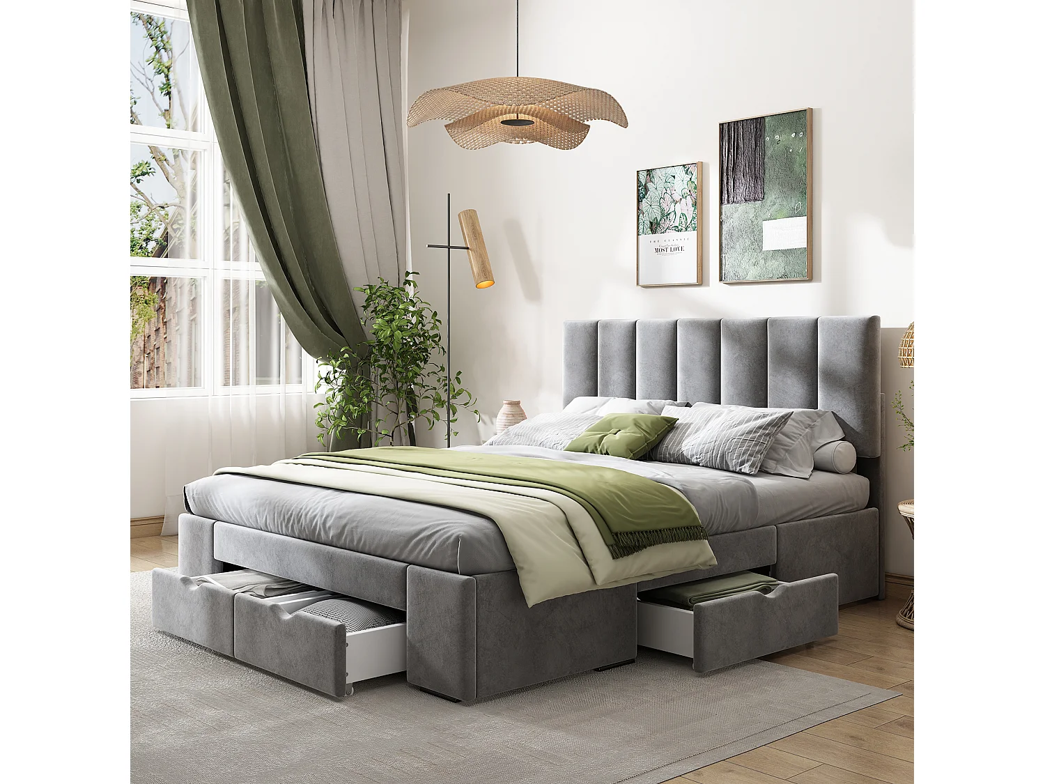 Lit rembourré gris 140x200 cm avec sommier à lattes, tête de lit réglable et 4 tiroirs pour rangement pratique