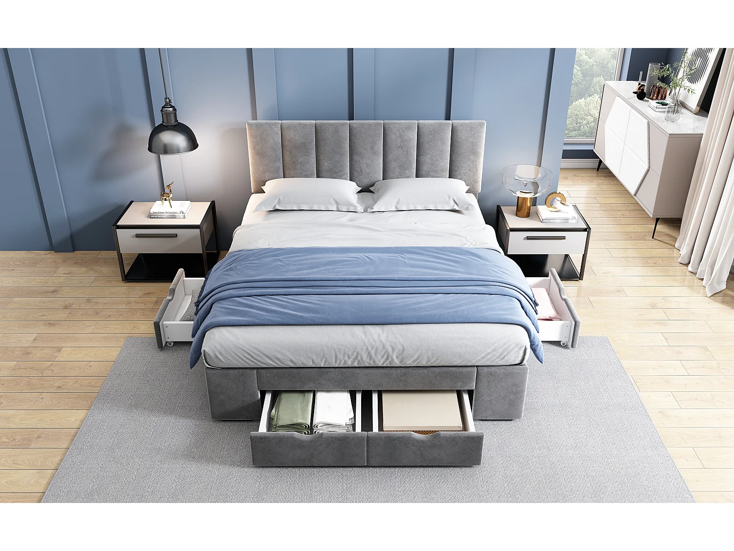 Lit rembourré gris 140x200 cm avec sommier à lattes, tête de lit réglable et 4 tiroirs pour rangement pratique