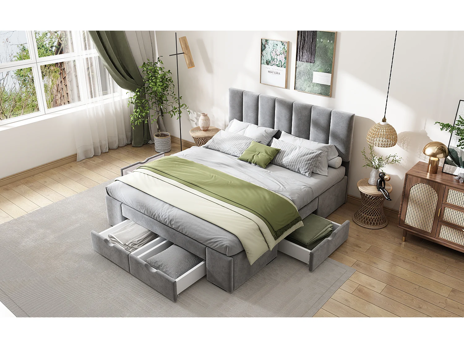 Lit rembourré gris 140x200 cm avec sommier à lattes, tête de lit réglable et 4 tiroirs pour rangement pratique