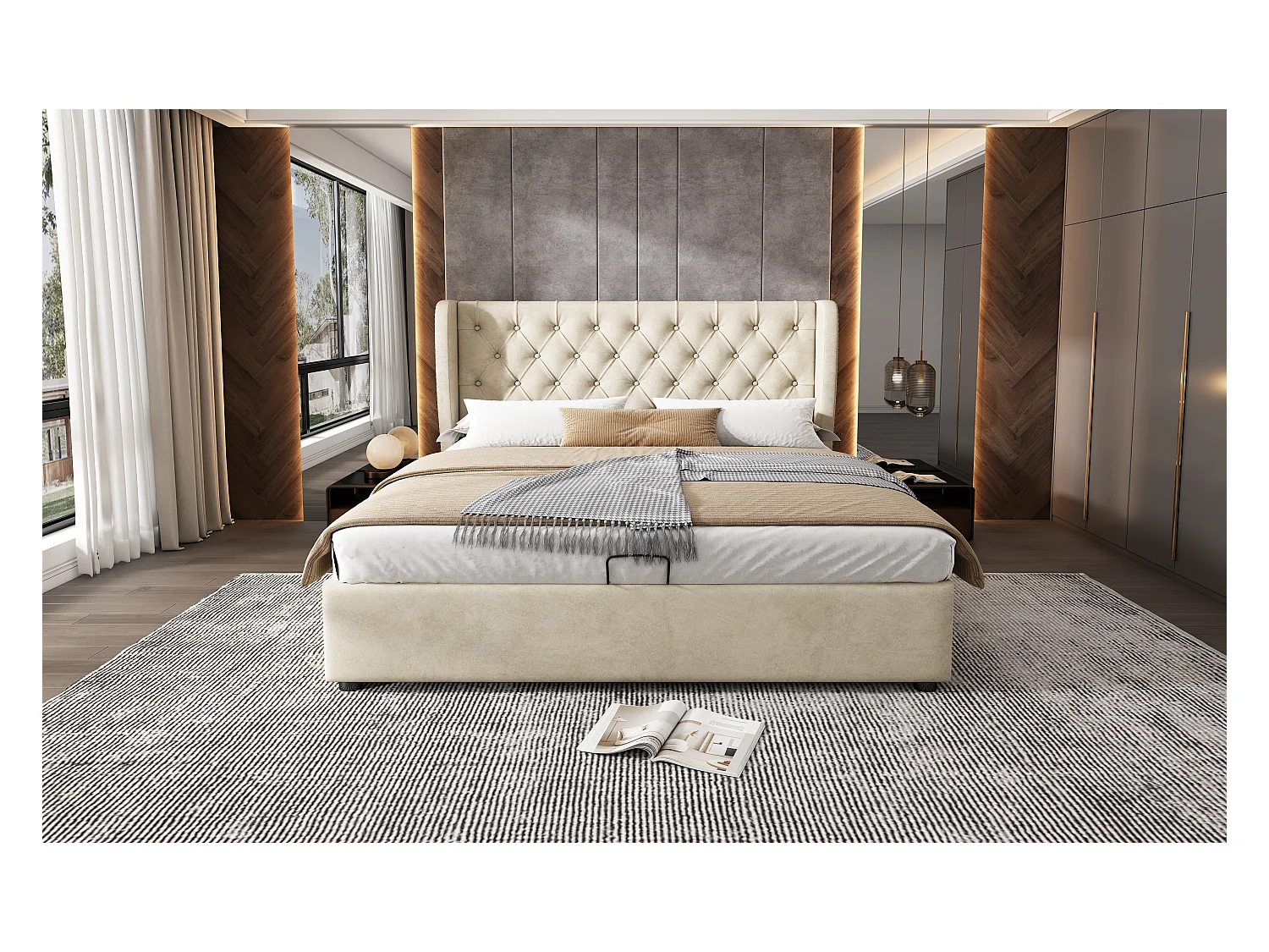 Lit rembourré beige 140x200 cm avec tête de lit haute et rangement hydraulique, style chic et fonctionnel