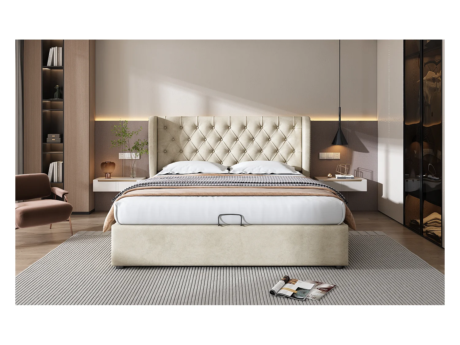 Lit rembourré beige 140x200 cm avec tête de lit haute et rangement hydraulique, style chic et fonctionnel