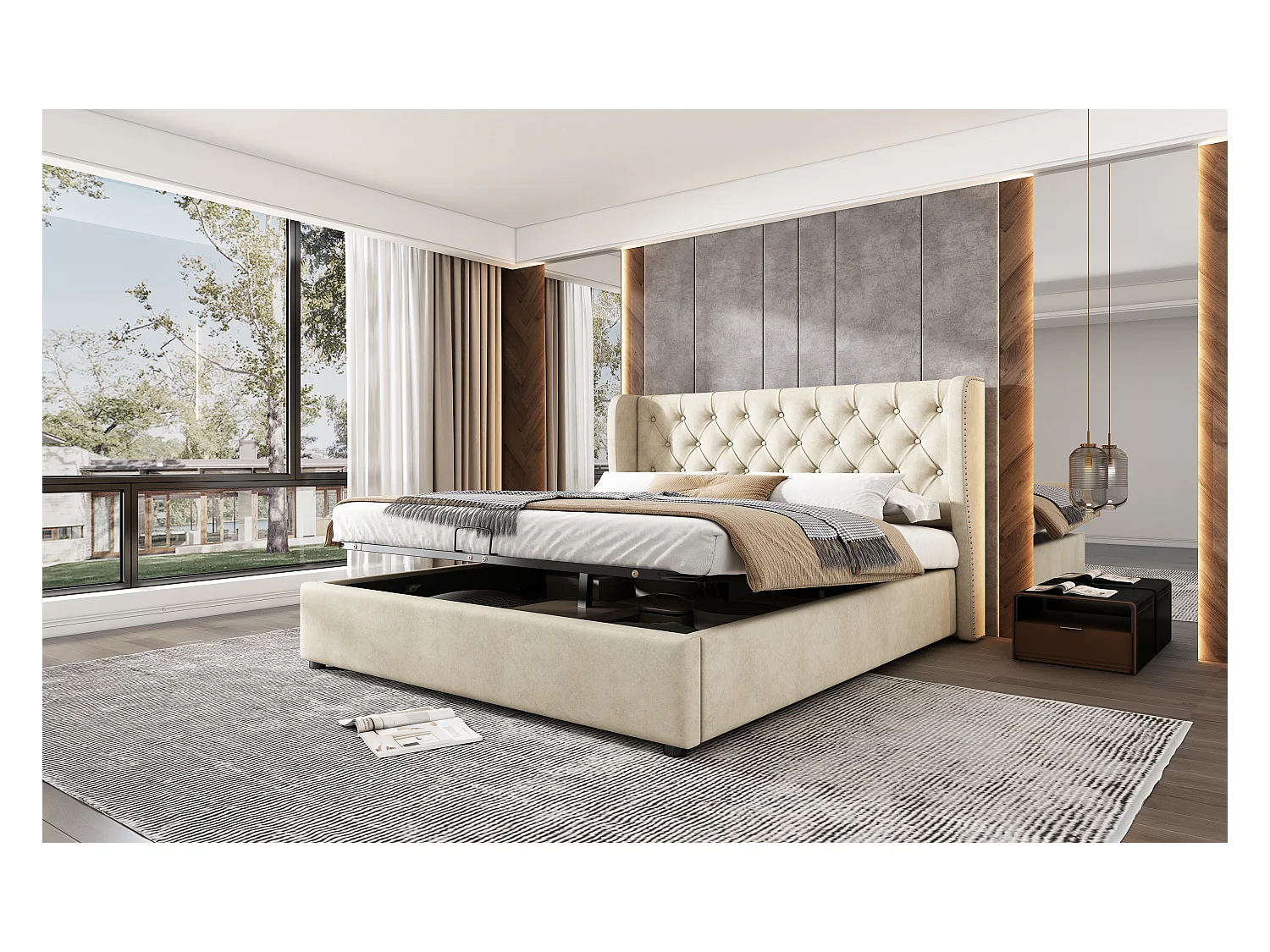 Lit rembourré beige 140x200 cm avec tête de lit haute et rangement hydraulique, style chic et fonctionnel