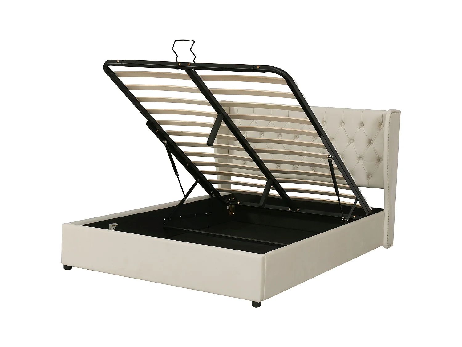 Lit rembourré beige 140x200 cm avec tête de lit haute et rangement hydraulique, style chic et fonctionnel