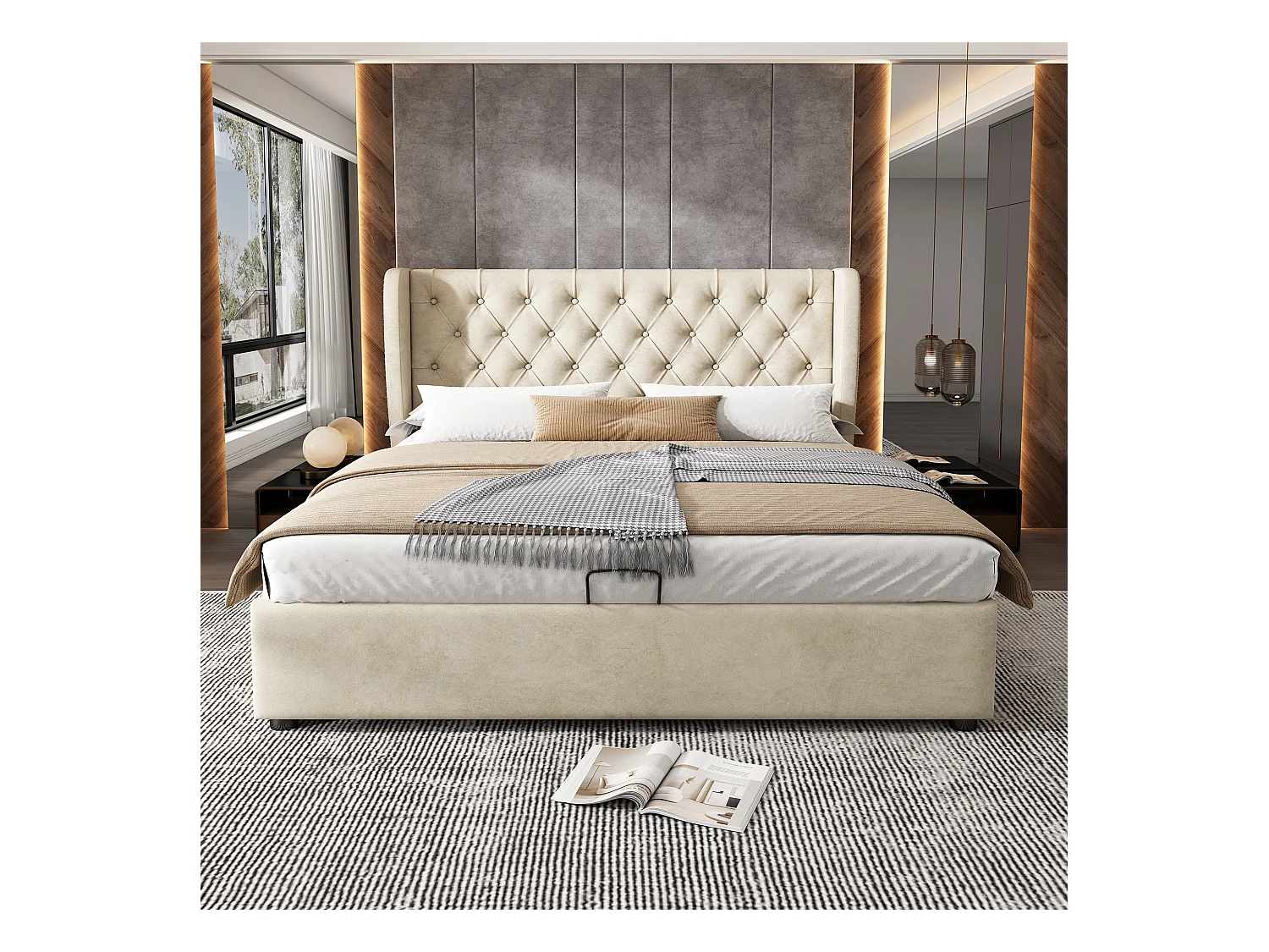Lit rembourré beige 140x200 cm avec tête de lit haute et rangement hydraulique, style chic et fonctionnel