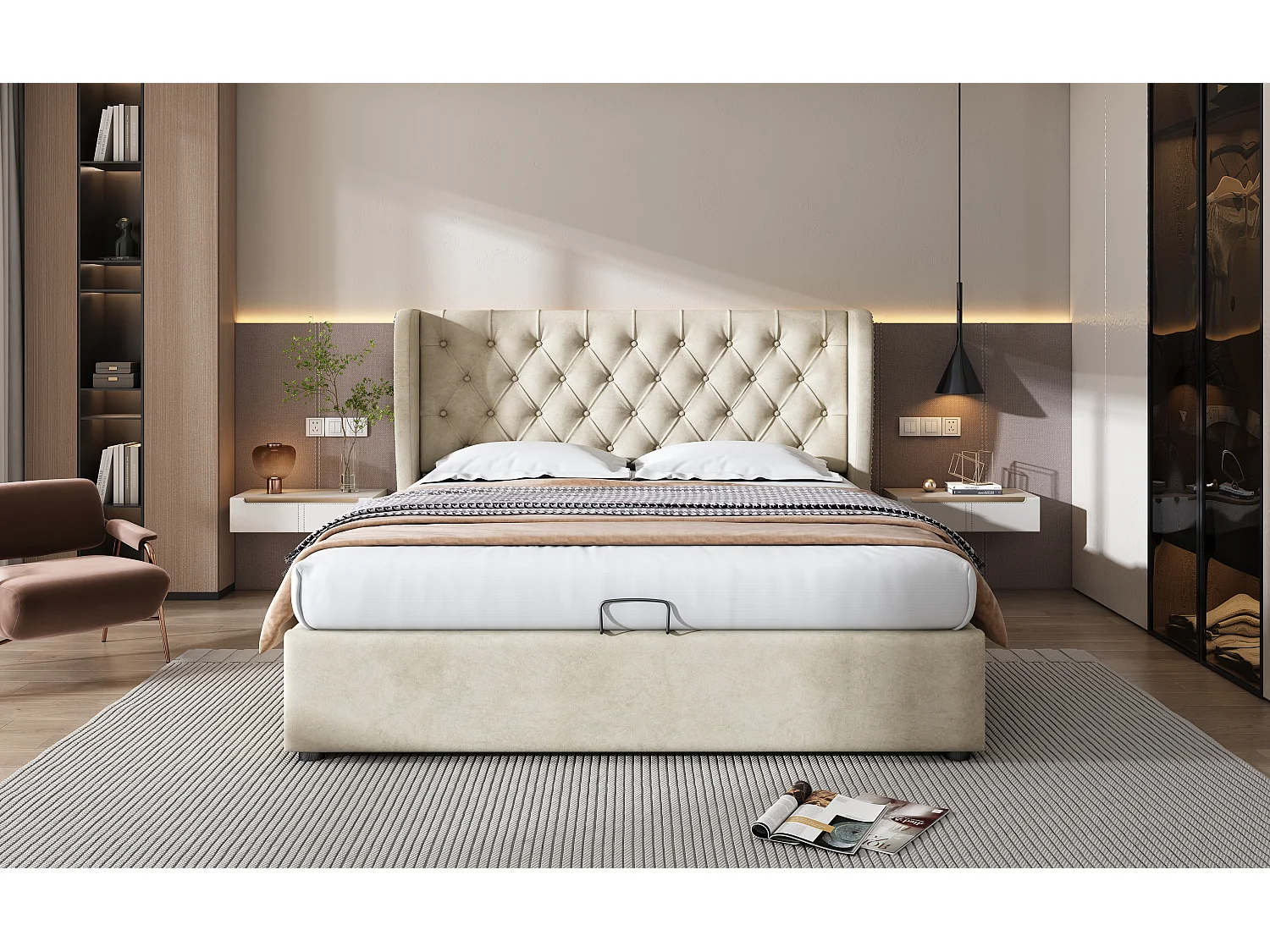 Lit rembourré beige 140x200 cm avec tête de lit haute et rangement hydraulique, style chic et fonctionnel