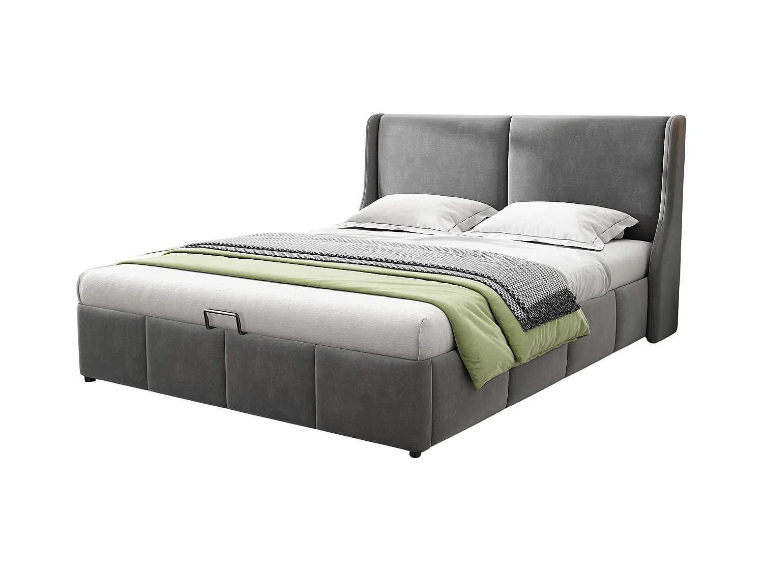 Lit rembourré gris 140x200 cm avec tête de lit en coussin et espace de rangement, sommier à lattes inclus