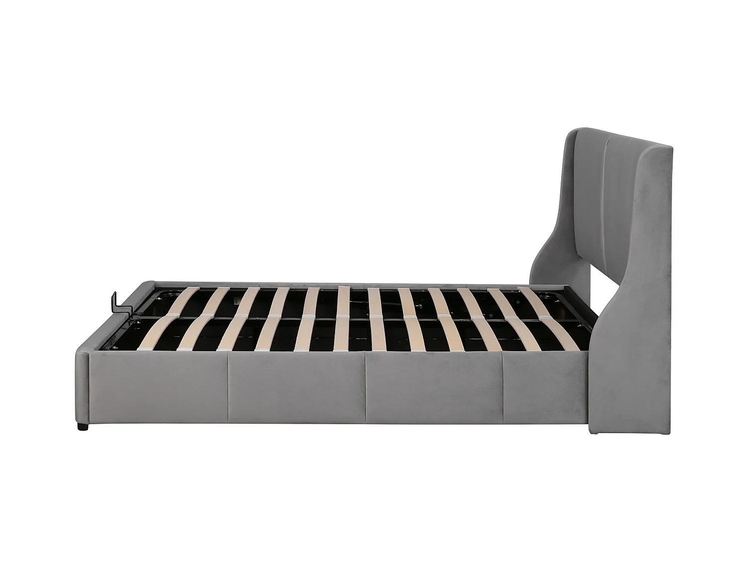 Lit rembourré gris 140x200 cm avec tête de lit en coussin et espace de rangement, sommier à lattes inclus