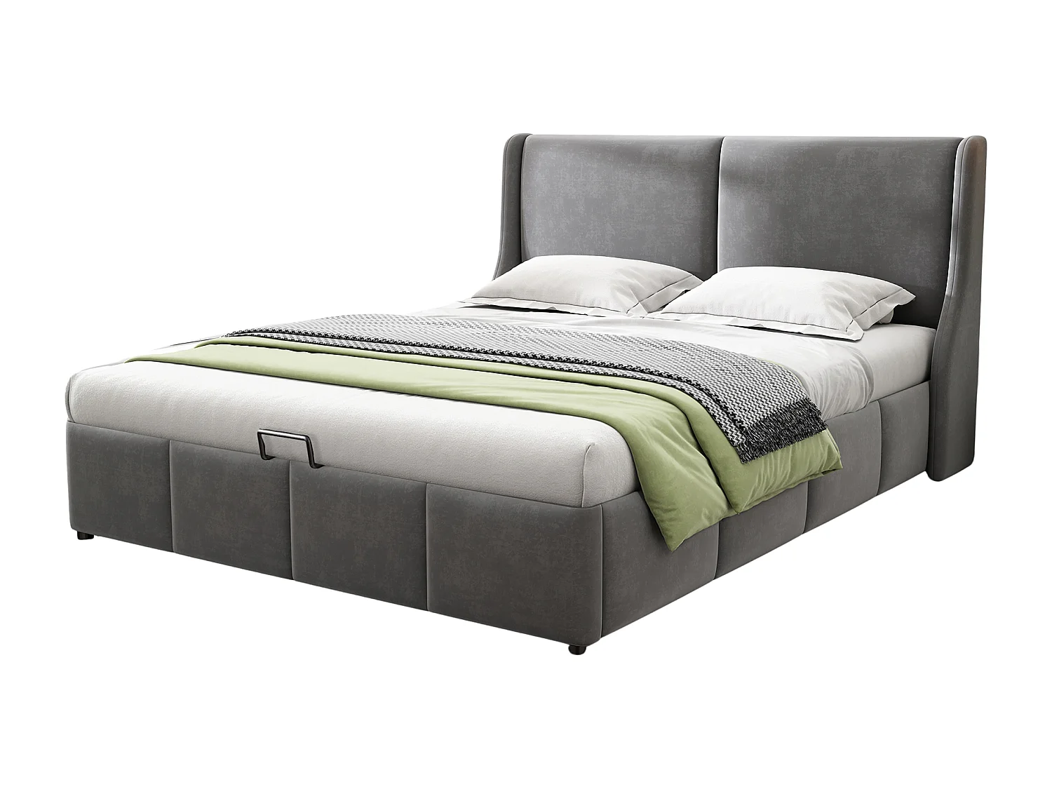 Lit rembourré gris 140x200 cm avec tête de lit en coussin et espace de rangement, sommier à lattes inclus