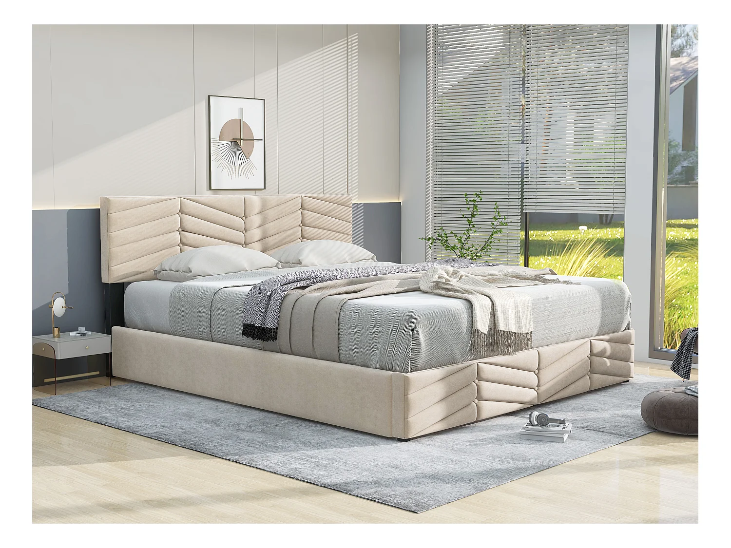 Lit rembourré beige 140x200 cm avec sommier à lattes et tête de lit réglable, style élégant et fonctionnel