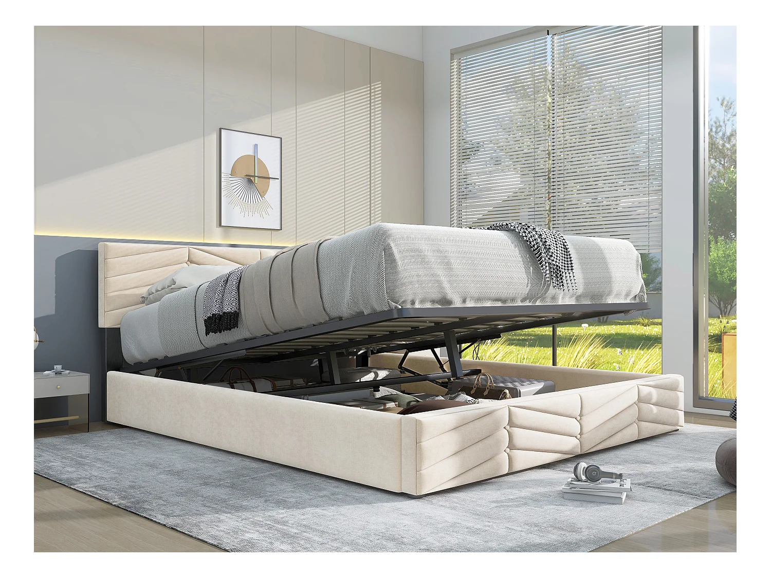 Lit rembourré beige 140x200 cm avec sommier à lattes et tête de lit réglable, style élégant et fonctionnel