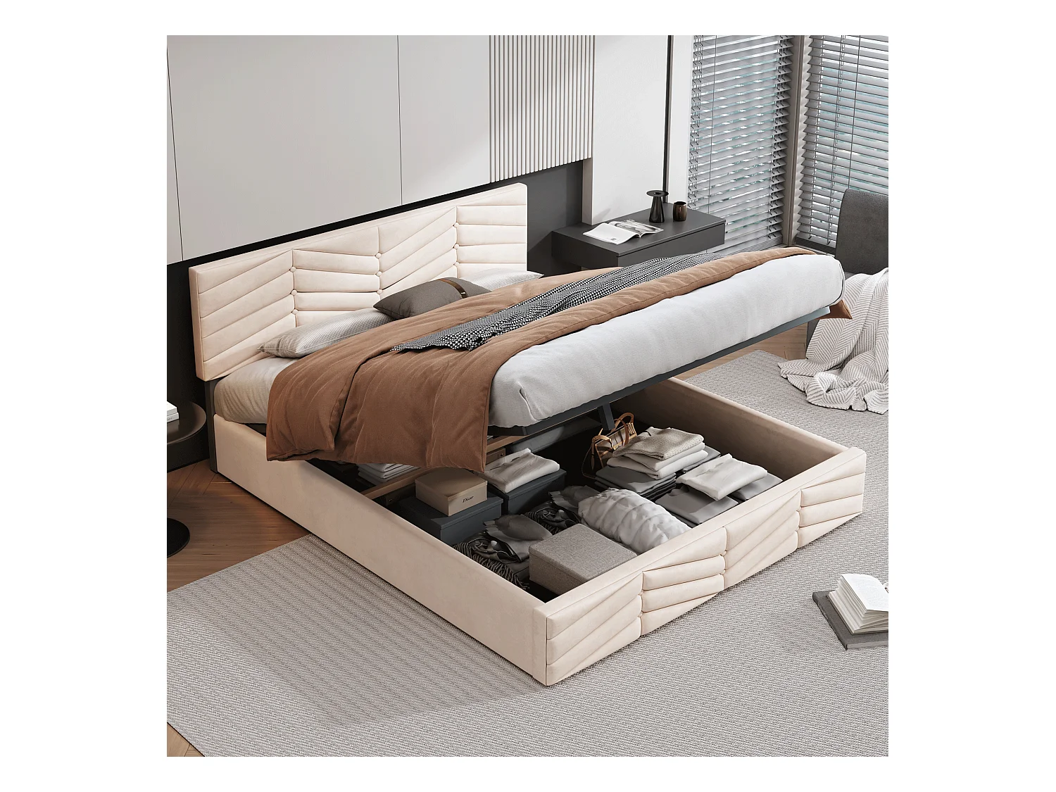 Lit rembourré beige 140x200 cm avec sommier à lattes et tête de lit réglable, style élégant et fonctionnel