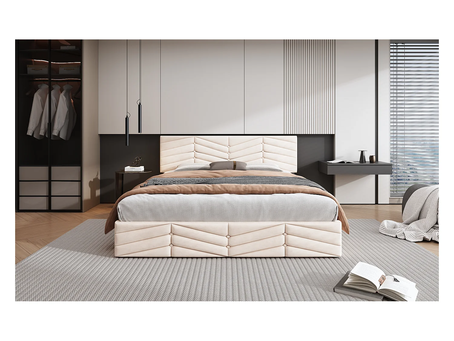 Lit rembourré beige 140x200 cm avec sommier à lattes et tête de lit réglable, style élégant et fonctionnel