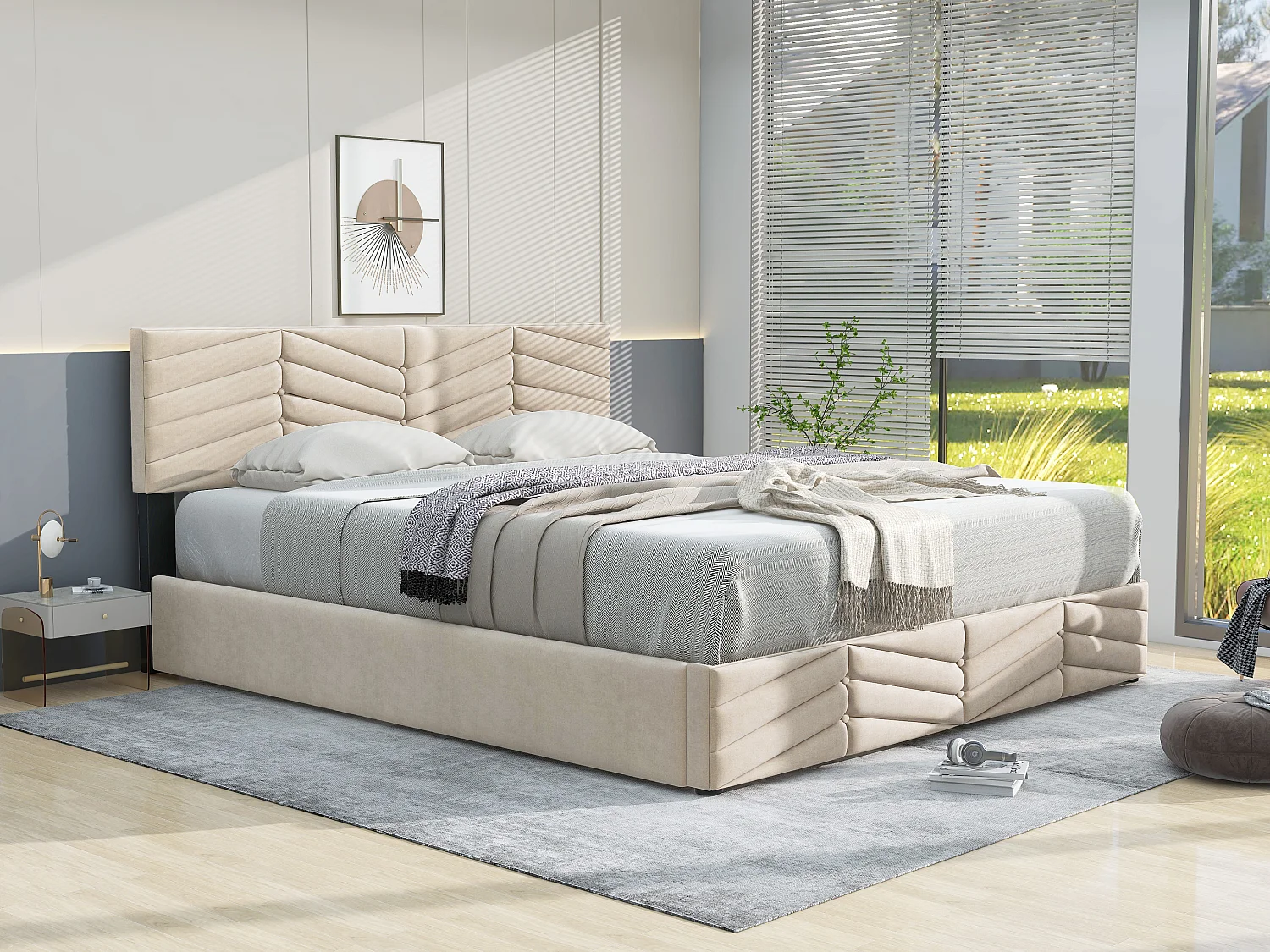 Lit rembourré beige 140x200 cm avec sommier à lattes et tête de lit réglable, style élégant et fonctionnel