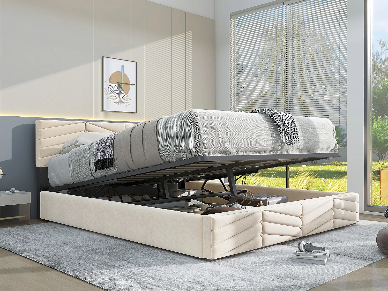 Lit rembourré beige 140x200 cm avec sommier à lattes et tête de lit réglable, style élégant et fonctionnel