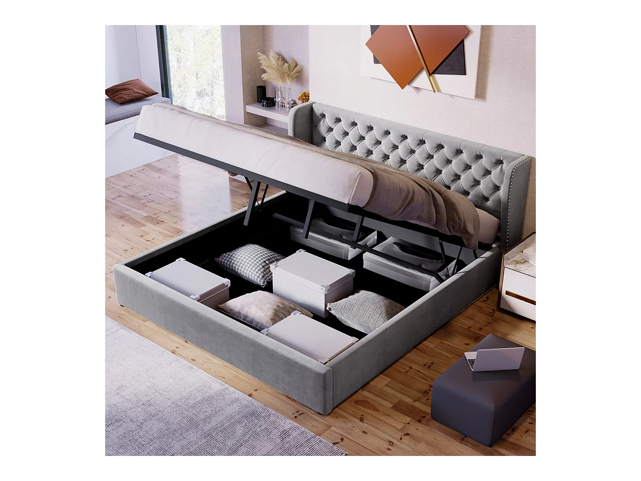 Lit rembourré Chesterfield gris 180x200 cm avec tête de lit haute et rangement hydraulique, chambre moderne