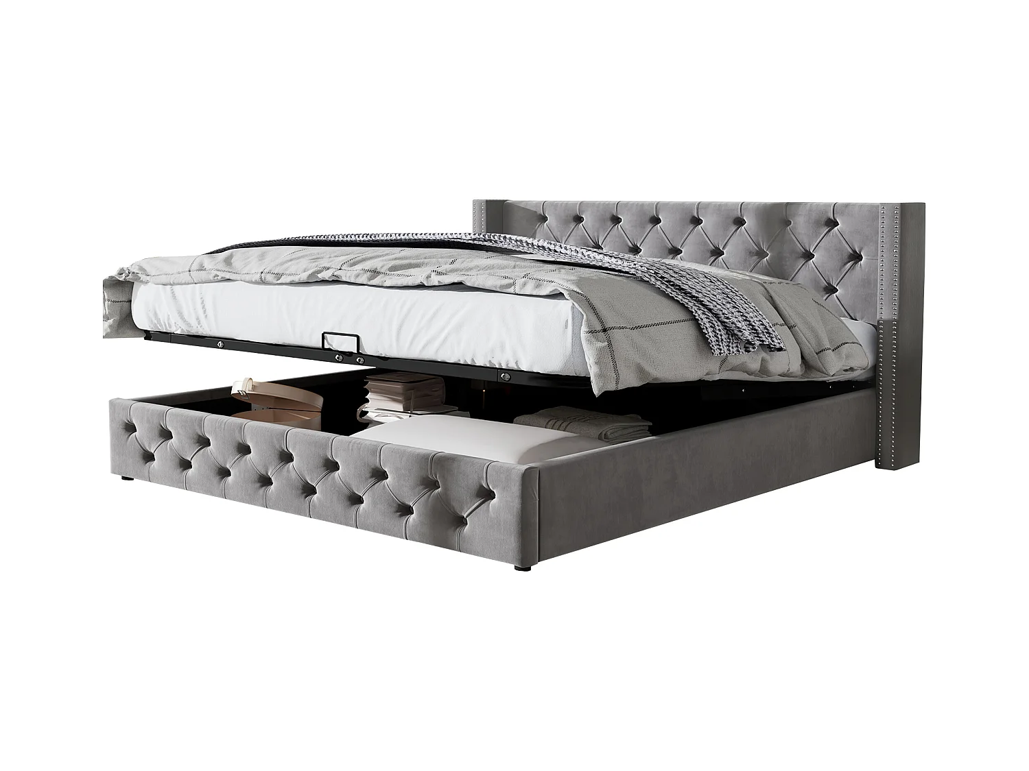 Lit rembourré gris 140x190 cm avec coffre de rangement et échelle, style Chesterfield, confortable et moderne