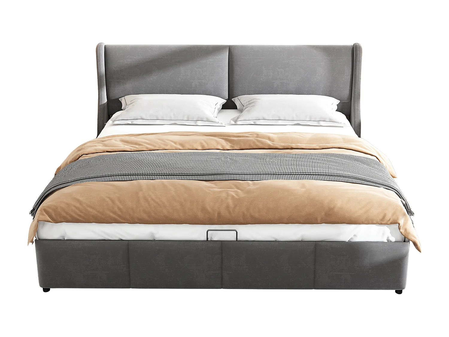 Lit rembourré gris 160x200 cm avec tête de lit en coussin, espace de rangement et fonction hydraulique pratique