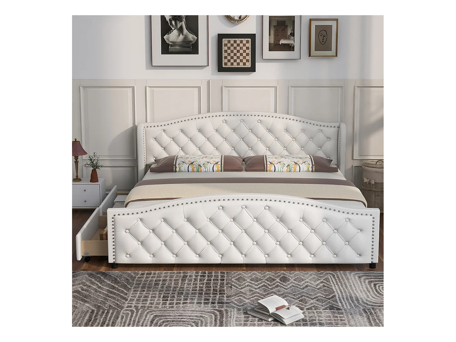 Lit rembourré gris 180x200 cm avec sommier à lattes, tête de lit et 2 tiroirs, design moderne et fonctionnel