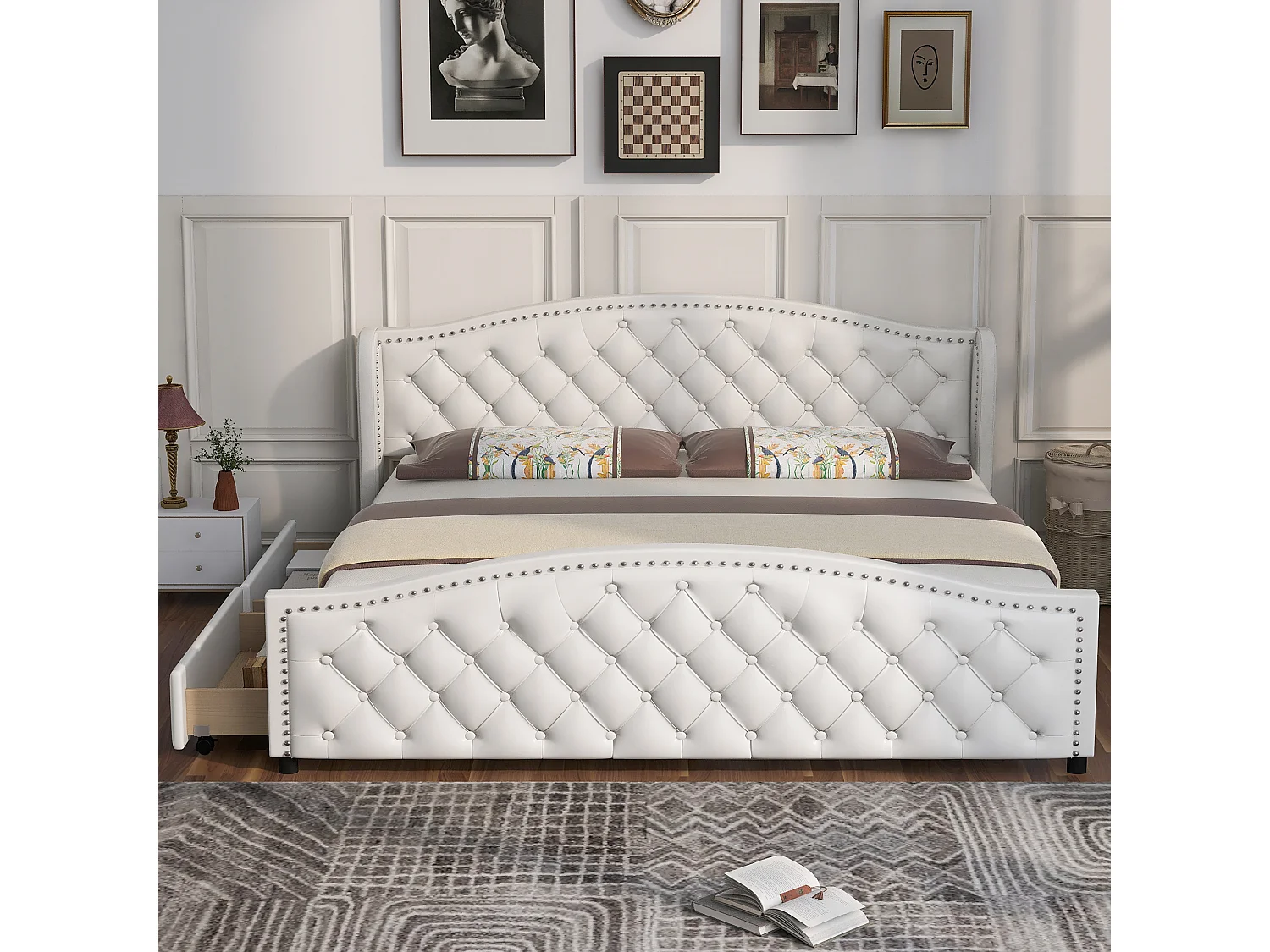 Lit rembourré gris 180x200 cm avec sommier à lattes, tête de lit et 2 tiroirs, design moderne et fonctionnel