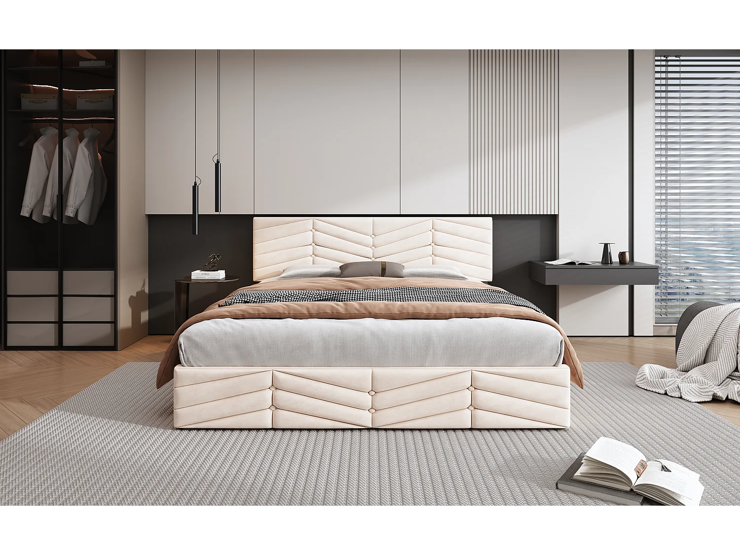 Lit rembourré beige 140x190 cm avec sommier à lattes et tête de lit réglable en hauteur, confort optimal