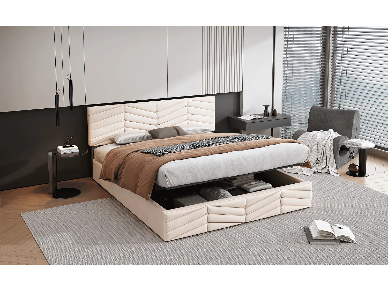 Lit rembourré beige 140x190 cm avec sommier à lattes et tête de lit réglable en hauteur, confort optimal