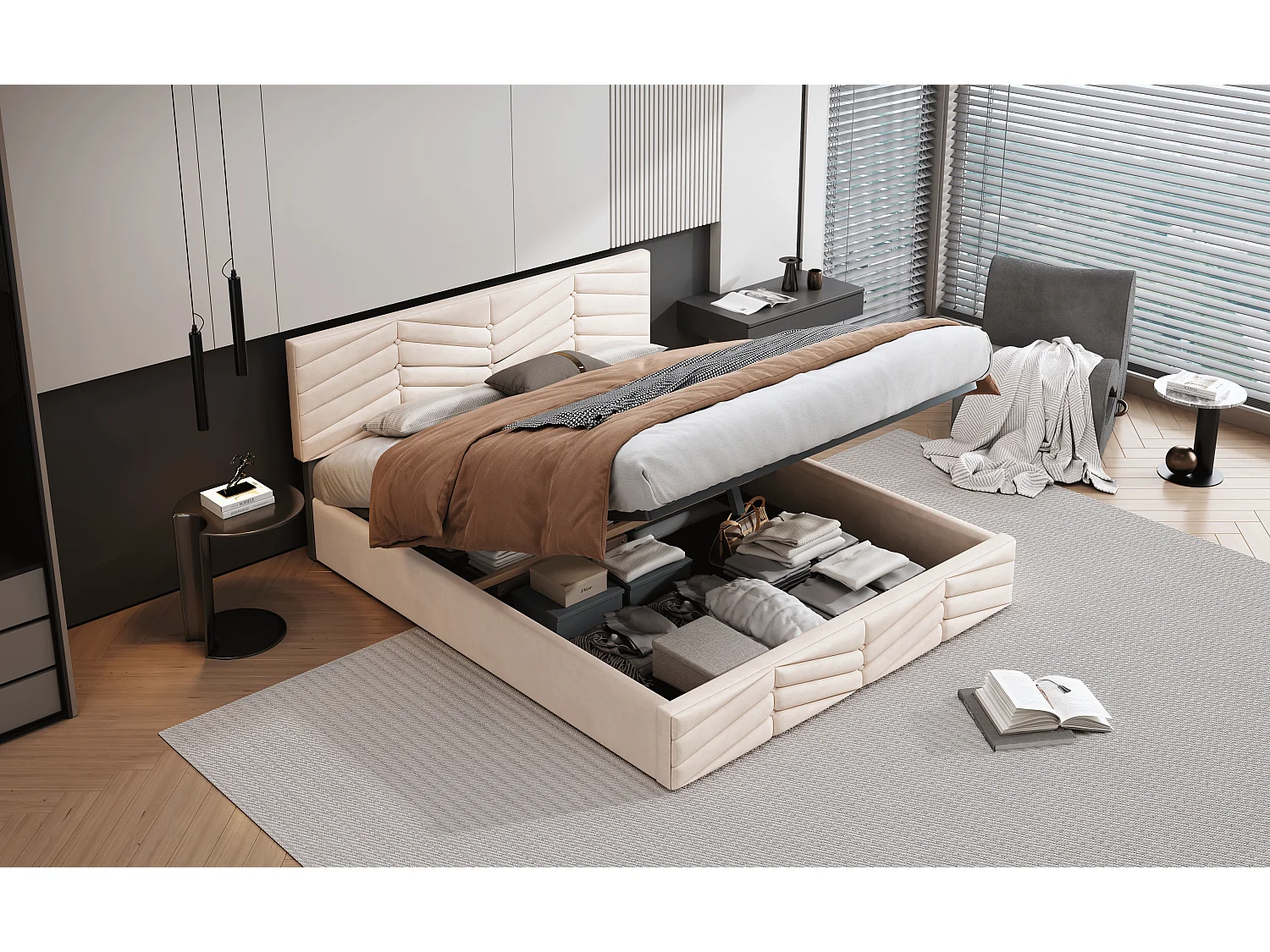 Lit rembourré beige 140x190 cm avec sommier à lattes et tête de lit réglable en hauteur, confort optimal