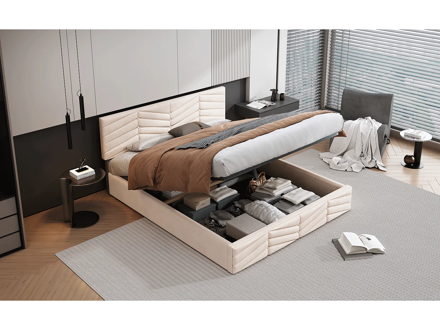 Lit rembourré beige 140x190 cm avec sommier à lattes et tête de lit réglable en hauteur, confort optimal