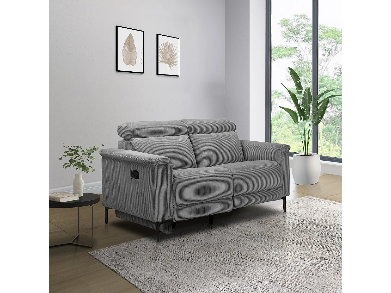 Lund | Canapé 2 places avec 1 fauteuil inclinable manuel en velours côtelé gris