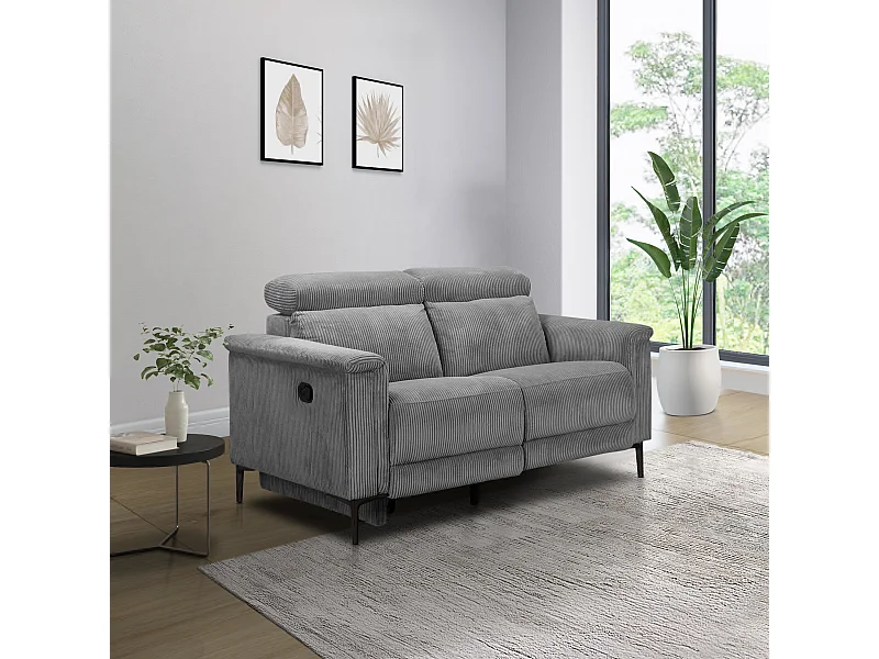 Lund | Canapé 2 places avec 1 fauteuil inclinable manuel en velours côtelé gris